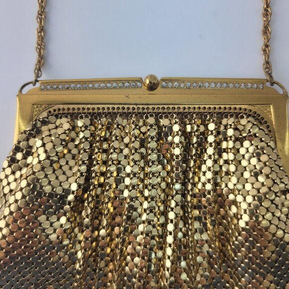 Vintage Whiting & Davis Gold Mesh Evening Bag Clutch Purse Rhinestone Frame - Picture 4 of 12